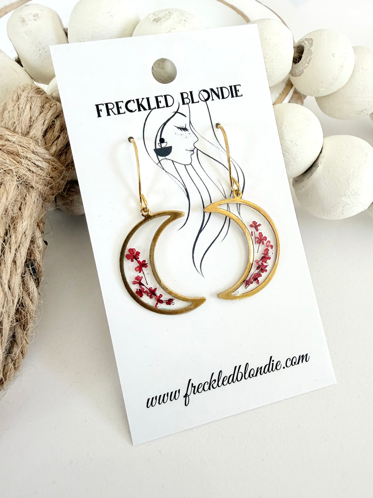 Golden Moon with Pink Flowers Dangles