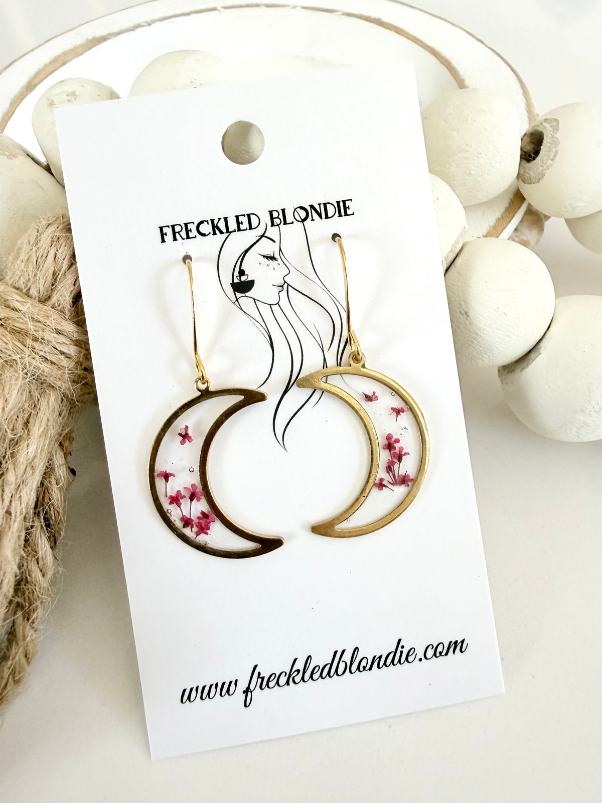 Pink floral Moon Dangles