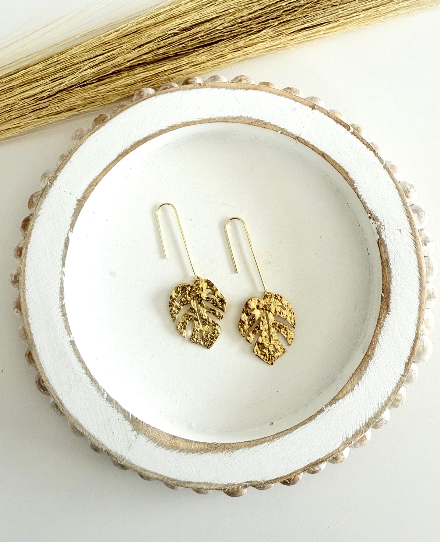 Textured Gold Monstera Drop Earrings