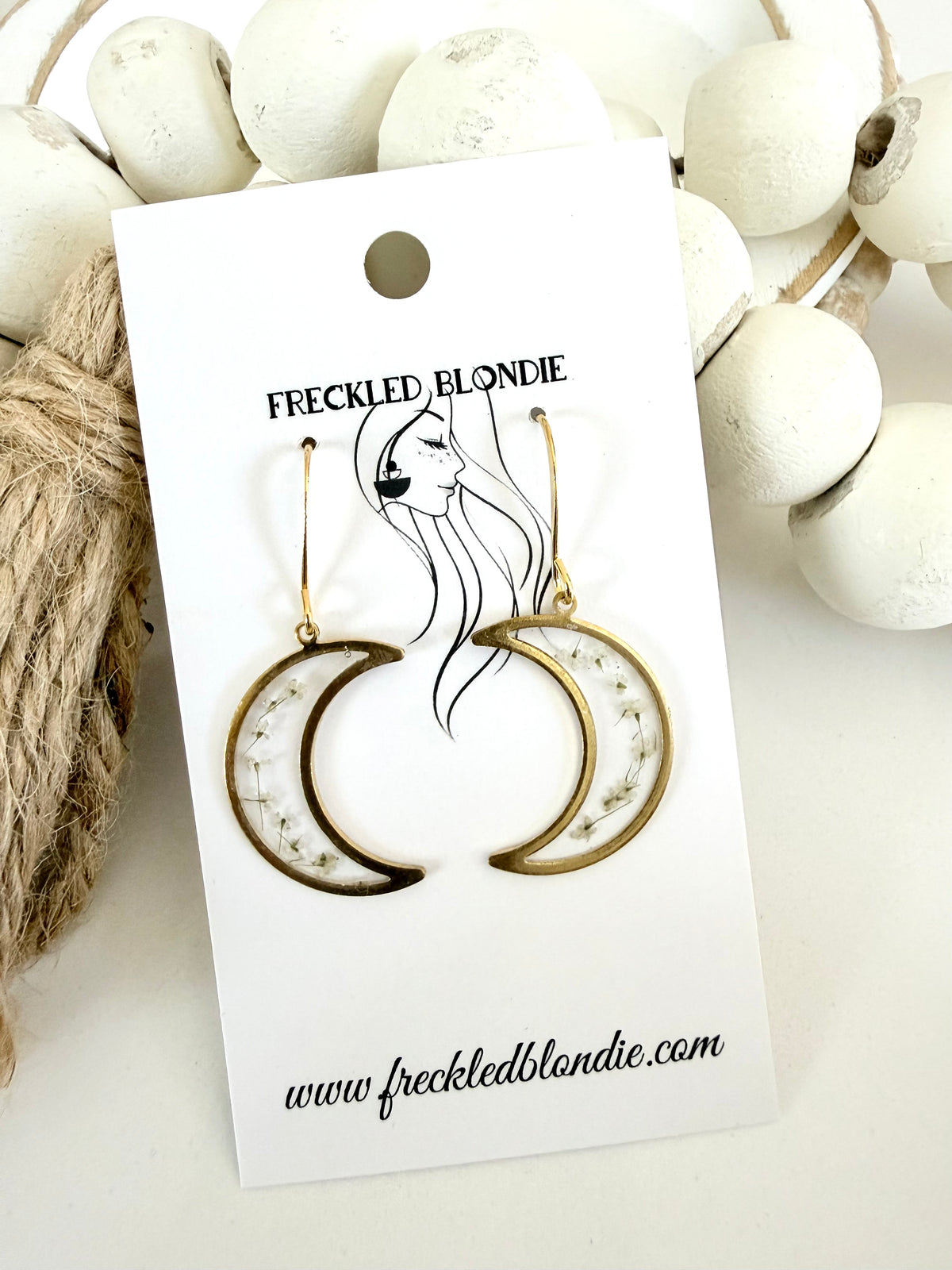 White Floral Moon Dangles