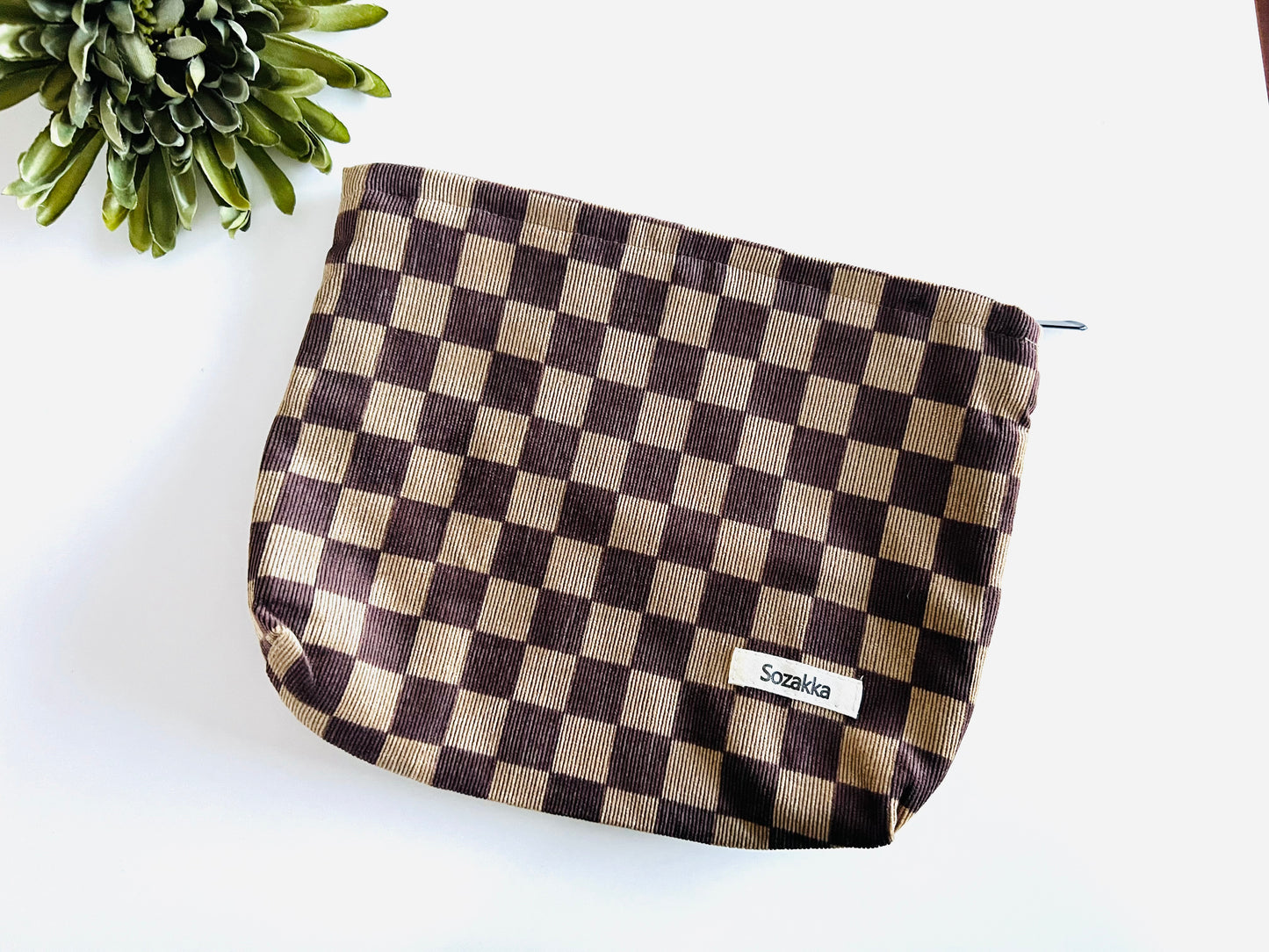 Brown checkered Cosmetic/Organizer bag